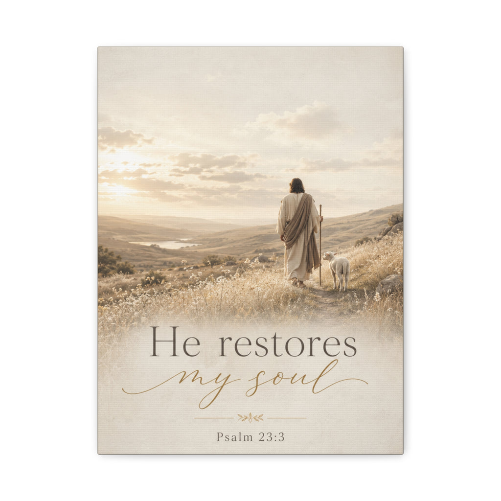 Canvas Wall Art — “He Restores My Soul” Psalm 23:3 Matte Stretched Canvas