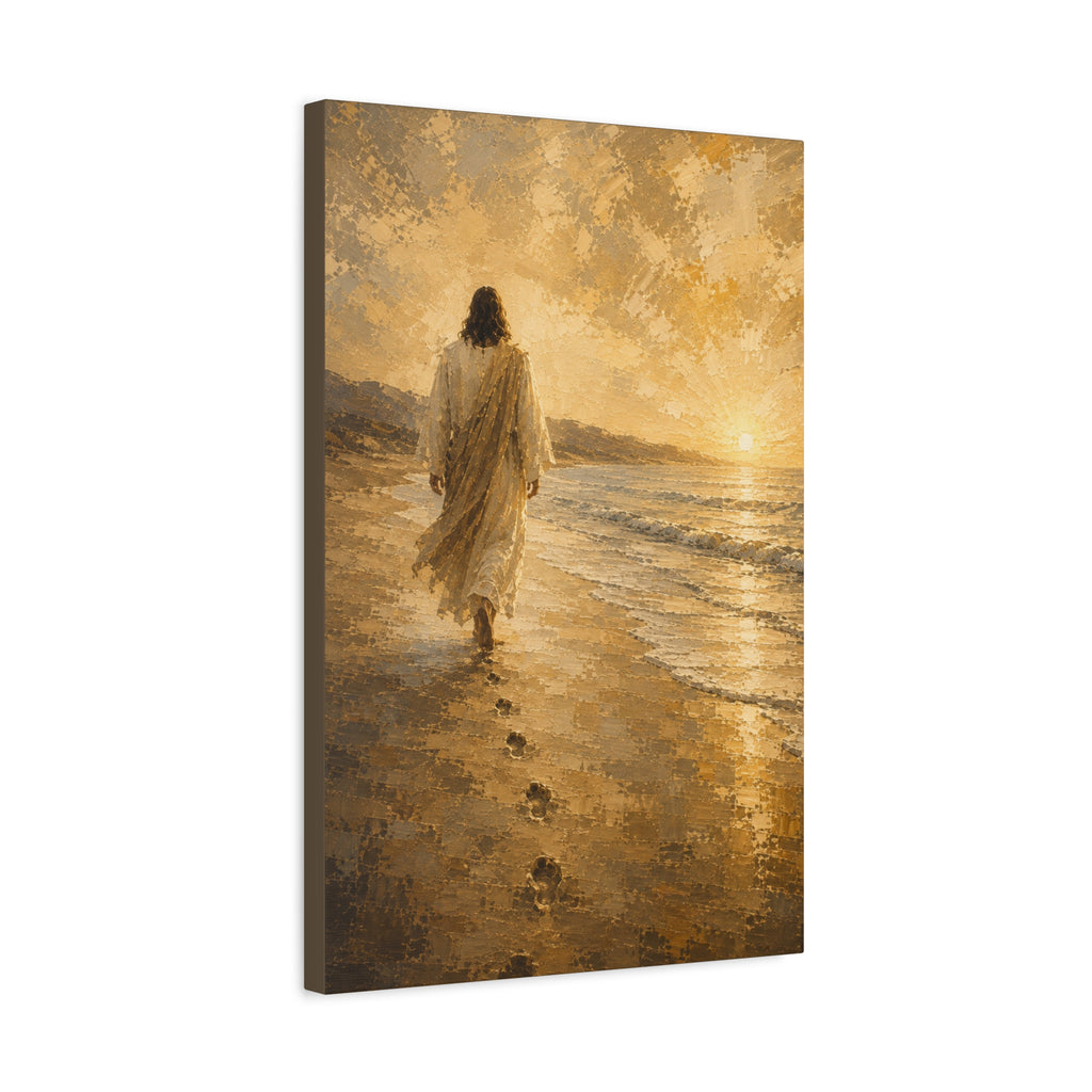 Jesus Walking by the Water Christian Canvas Wall Art. Footprints Faith Decor
