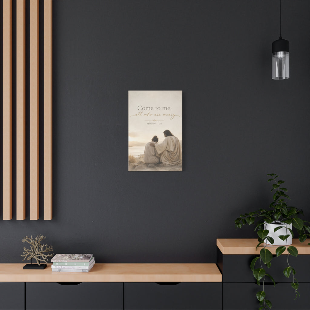 Matthew 11:28 Canvas Wall Art - "Come to me, all who are weary" Religious Matte Stretched Canvas