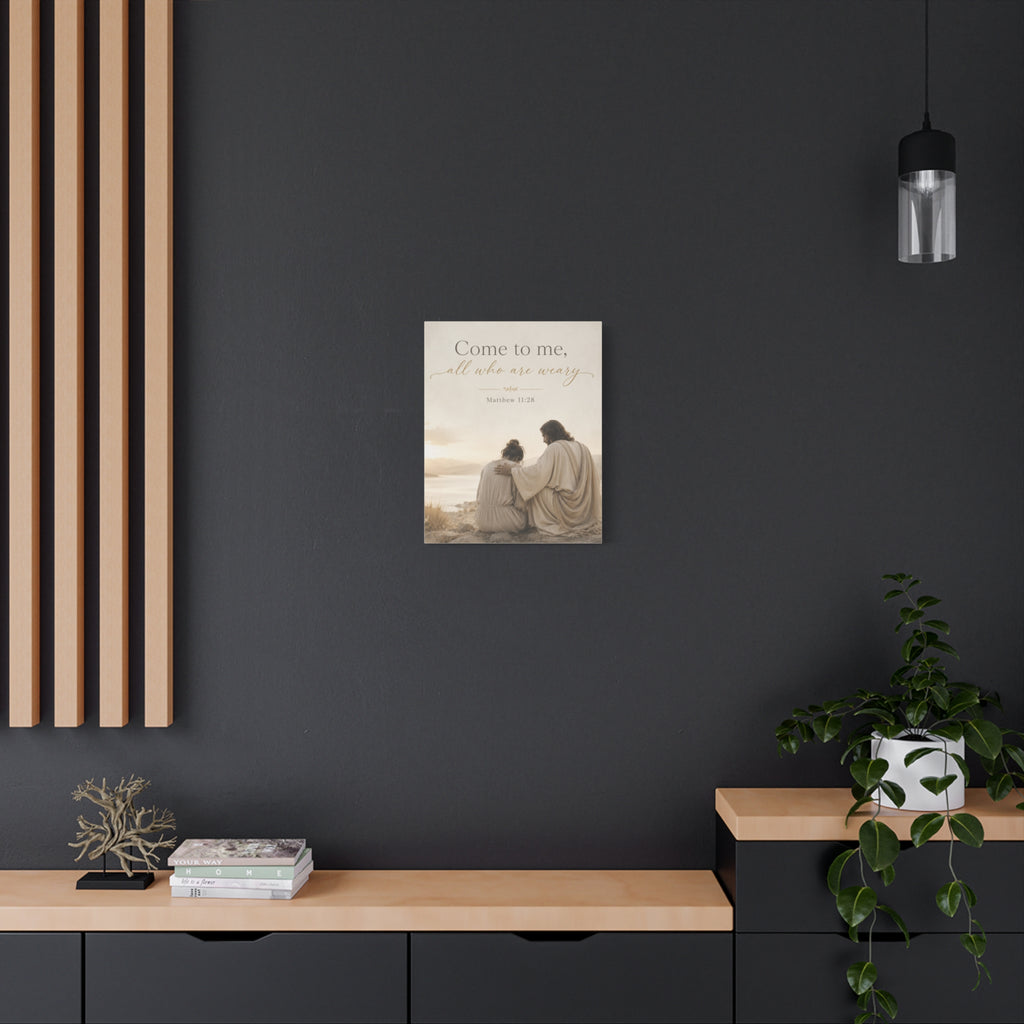 Matthew 11:28 Canvas Wall Art - "Come to me, all who are weary" Religious Matte Stretched Canvas