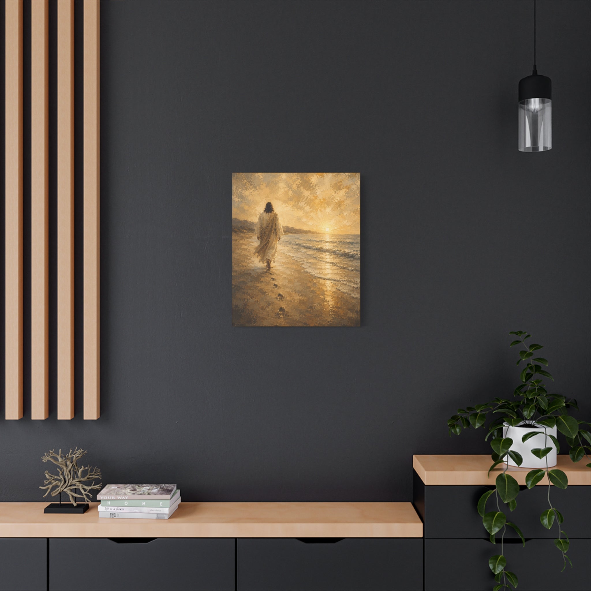 Jesus Walking by the Water Christian Canvas Wall Art. Footprints Faith Decor