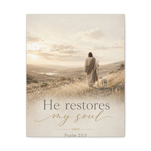 Canvas Wall Art — “He Restores My Soul” Psalm 23:3 Matte Stretched Canvas