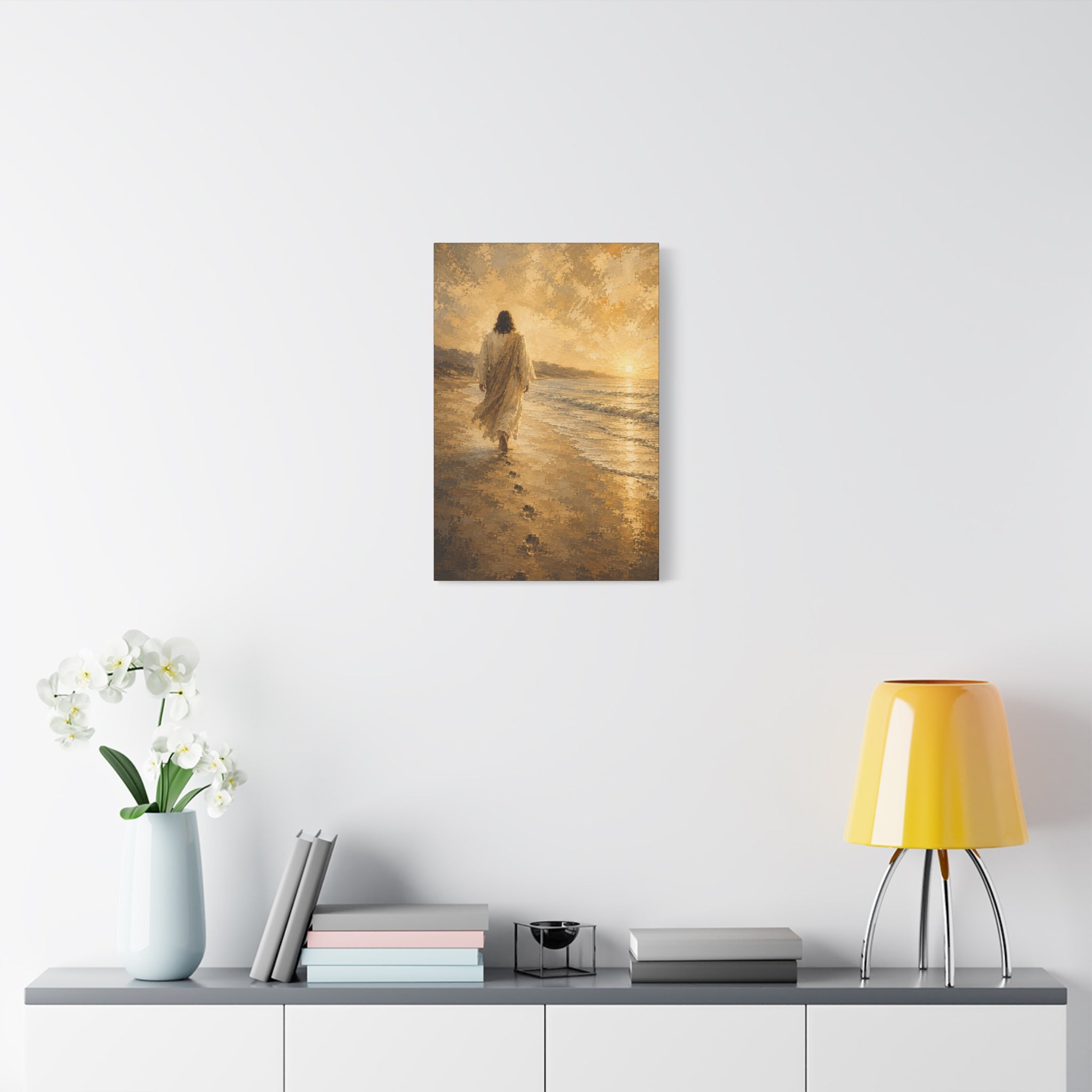 Jesus Walking by the Water Christian Canvas Wall Art. Footprints Faith Decor