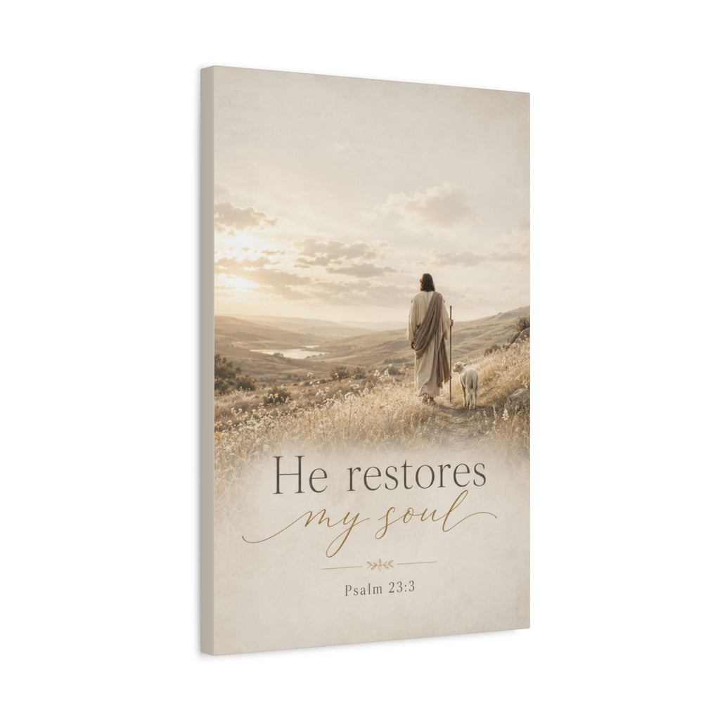 Canvas Wall Art — “He Restores My Soul” Psalm 23:3 Matte Stretched Canvas