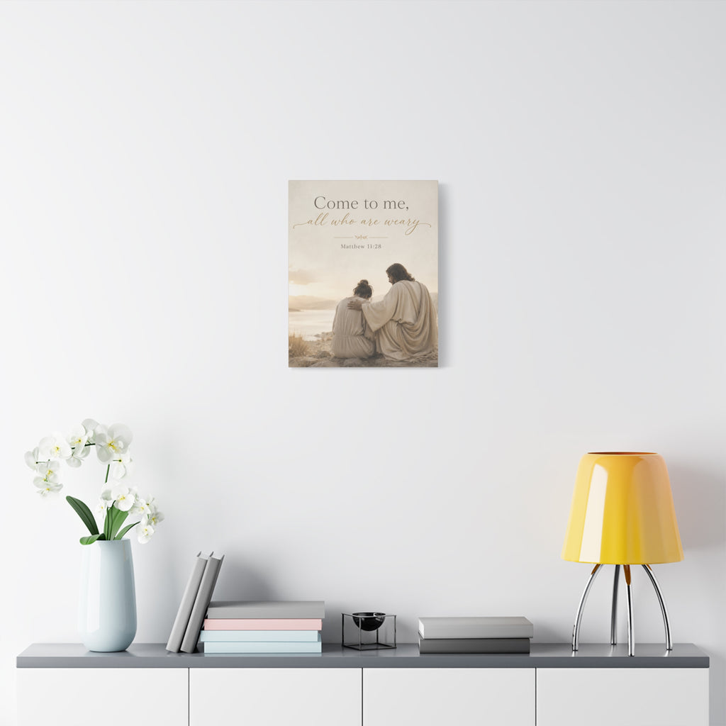 Matthew 11:28 Canvas Wall Art - "Come to me, all who are weary" Religious Matte Stretched Canvas