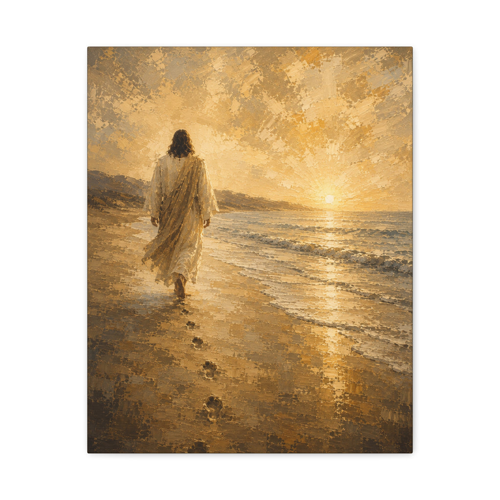 Jesus Walking by the Water Christian Canvas Wall Art. Footprints Faith Decor