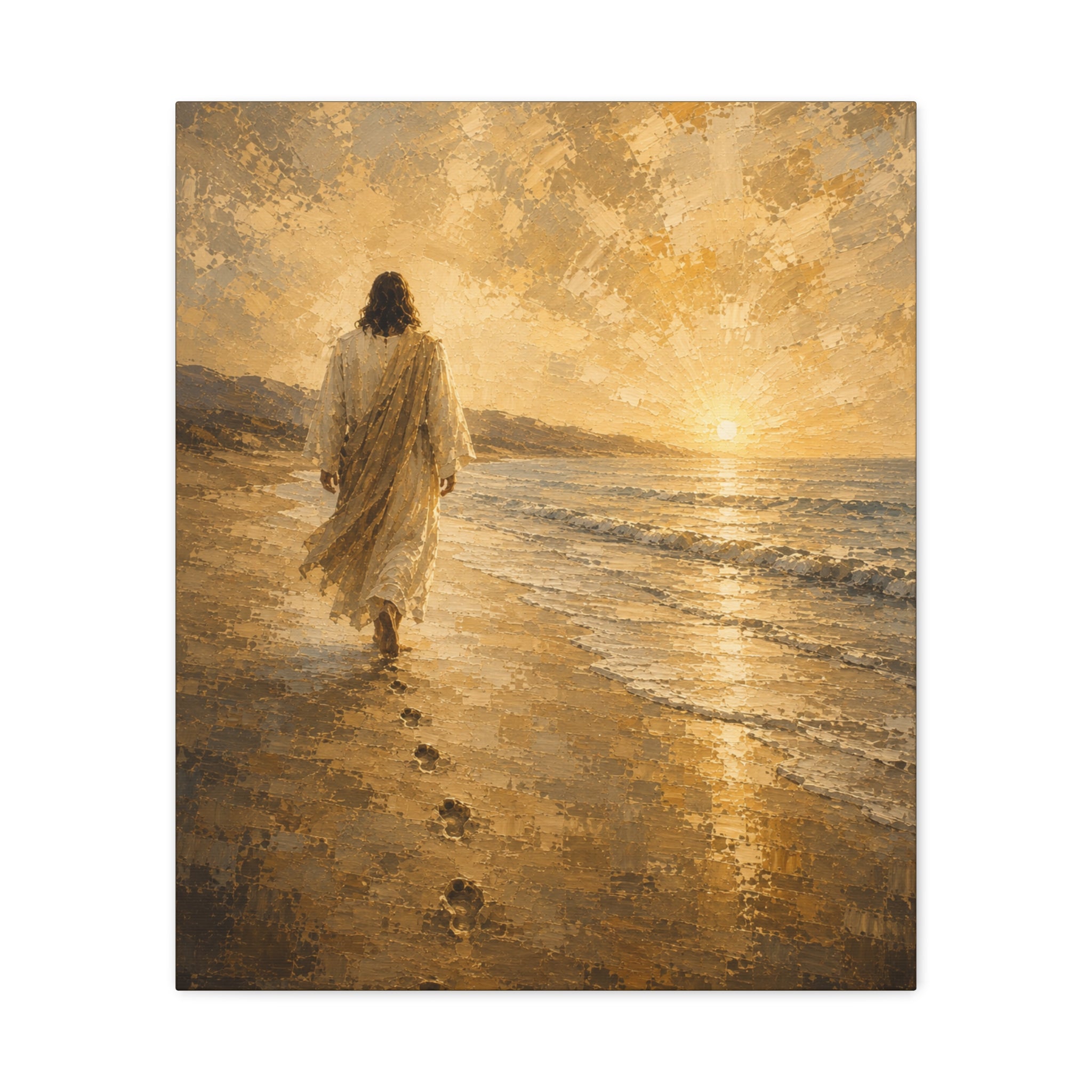 Jesus Walking by the Water Christian Canvas Wall Art. Footprints Faith Decor