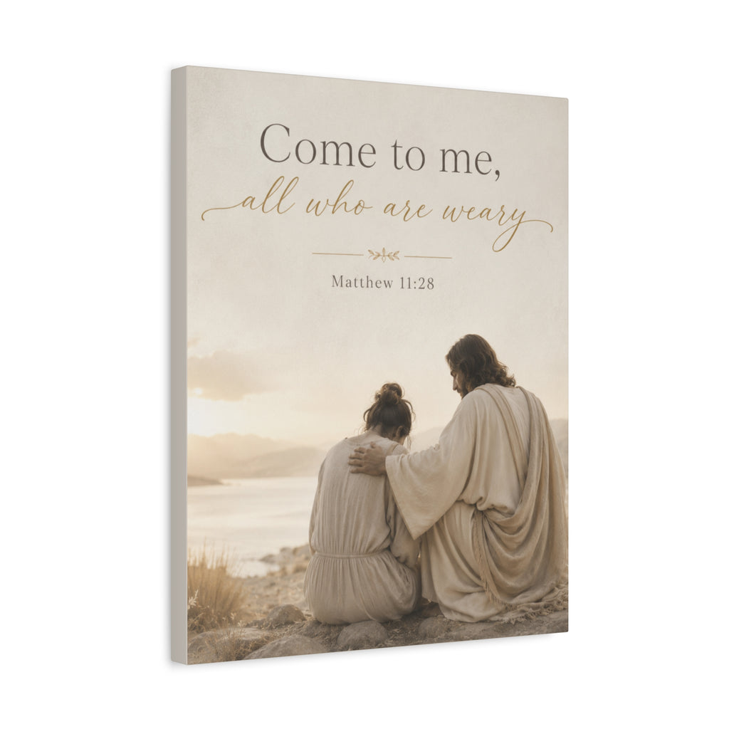 Matthew 11:28 Canvas Wall Art - "Come to me, all who are weary" Religious Matte Stretched Canvas