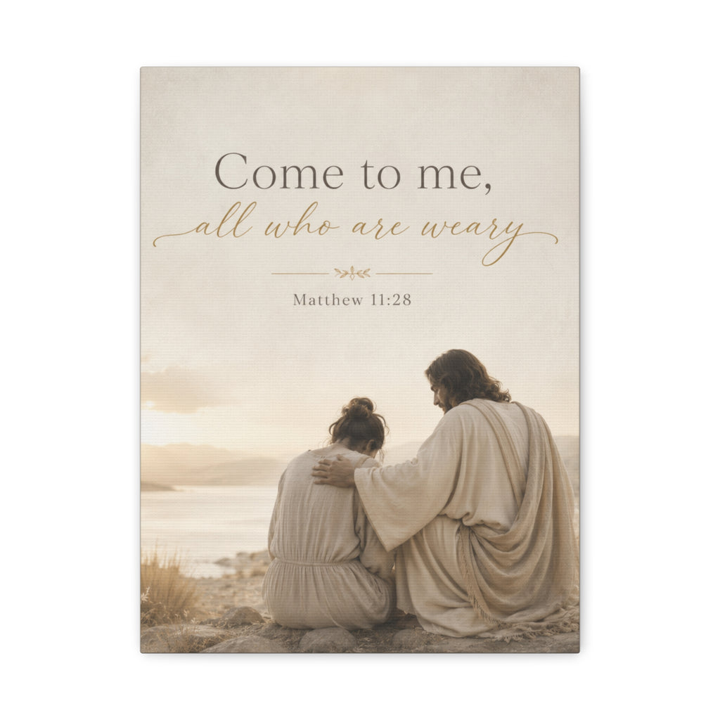 Matthew 11:28 Canvas Wall Art - "Come to me, all who are weary" Religious Matte Stretched Canvas