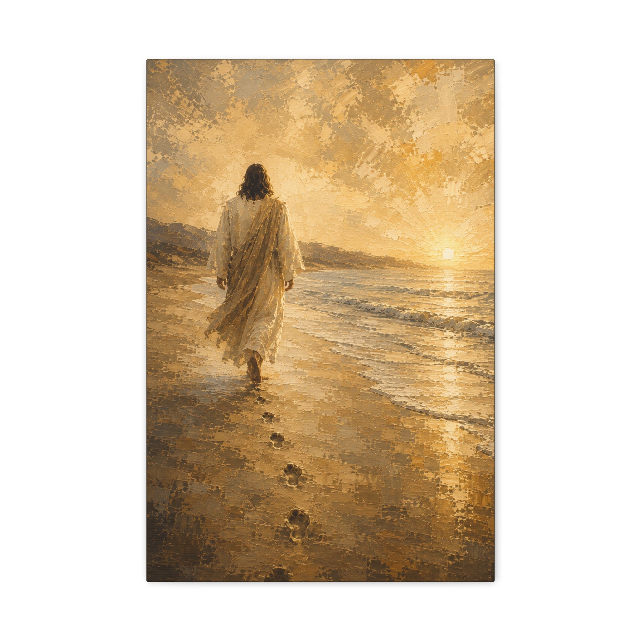Jesus Walking by the Water Christian Canvas Wall Art. Footprints Faith Decor