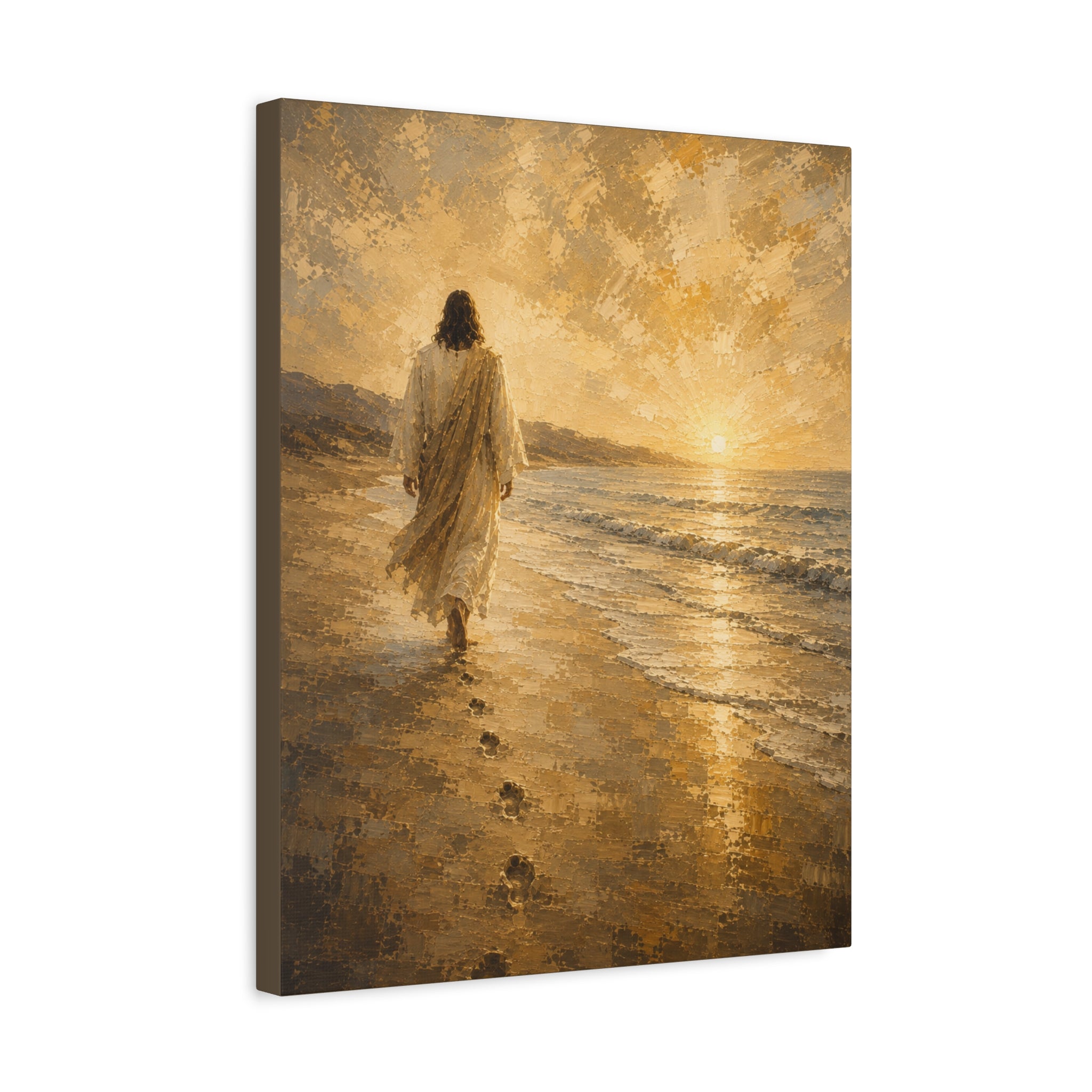 Jesus Walking by the Water Christian Canvas Wall Art. Footprints Faith Decor