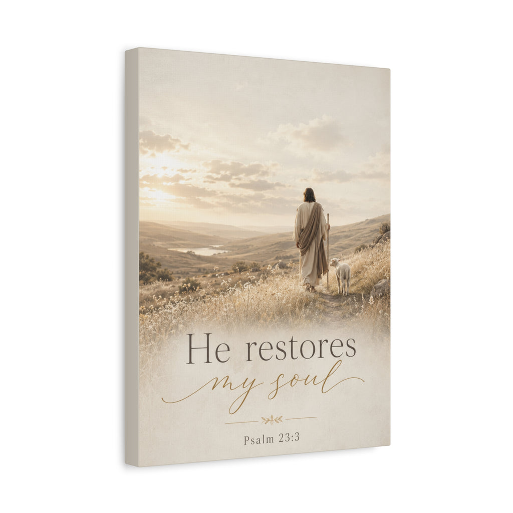 Canvas Wall Art — “He Restores My Soul” Psalm 23:3 Matte Stretched Canvas