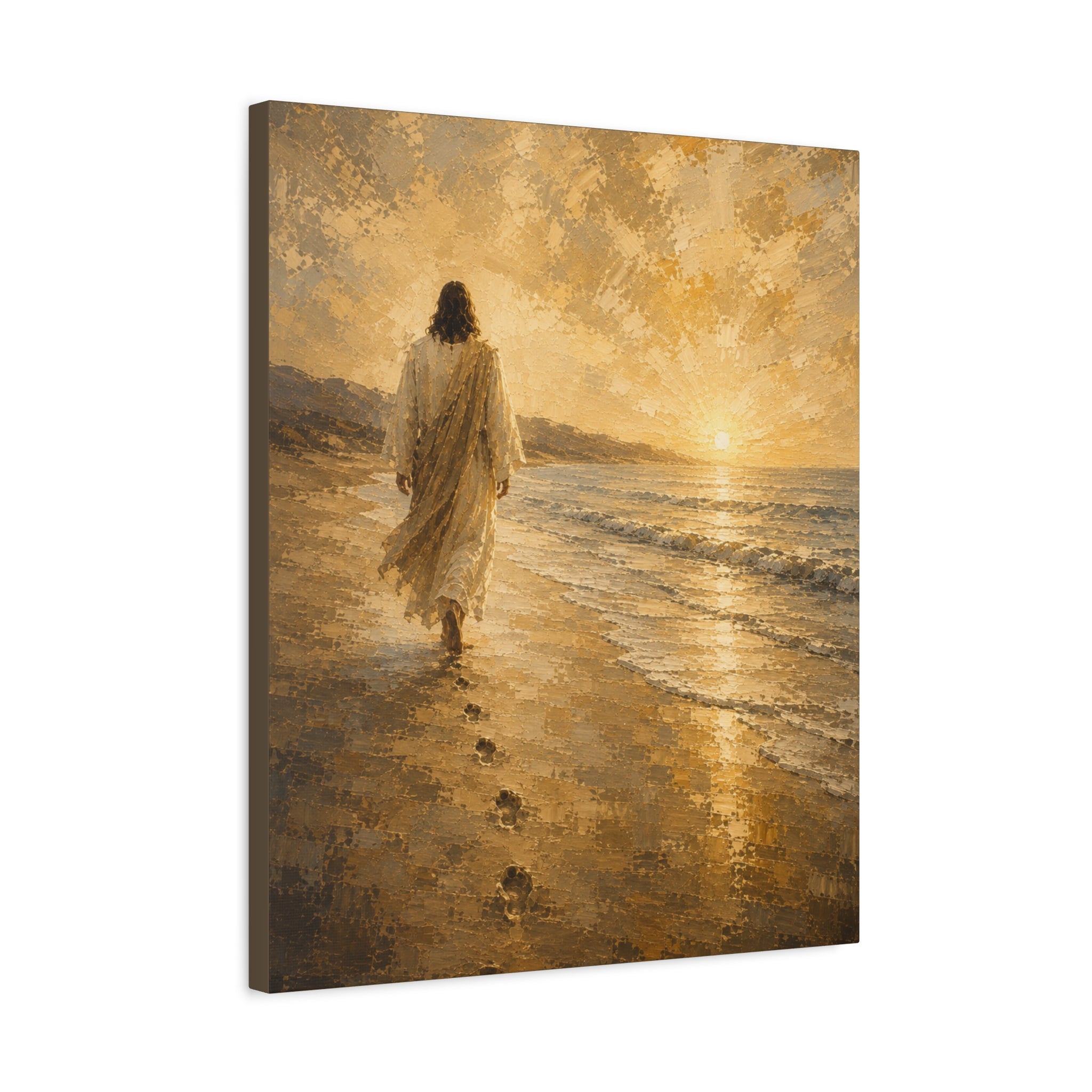 Jesus Walking by the Water Christian Canvas Wall Art. Footprints Faith Decor