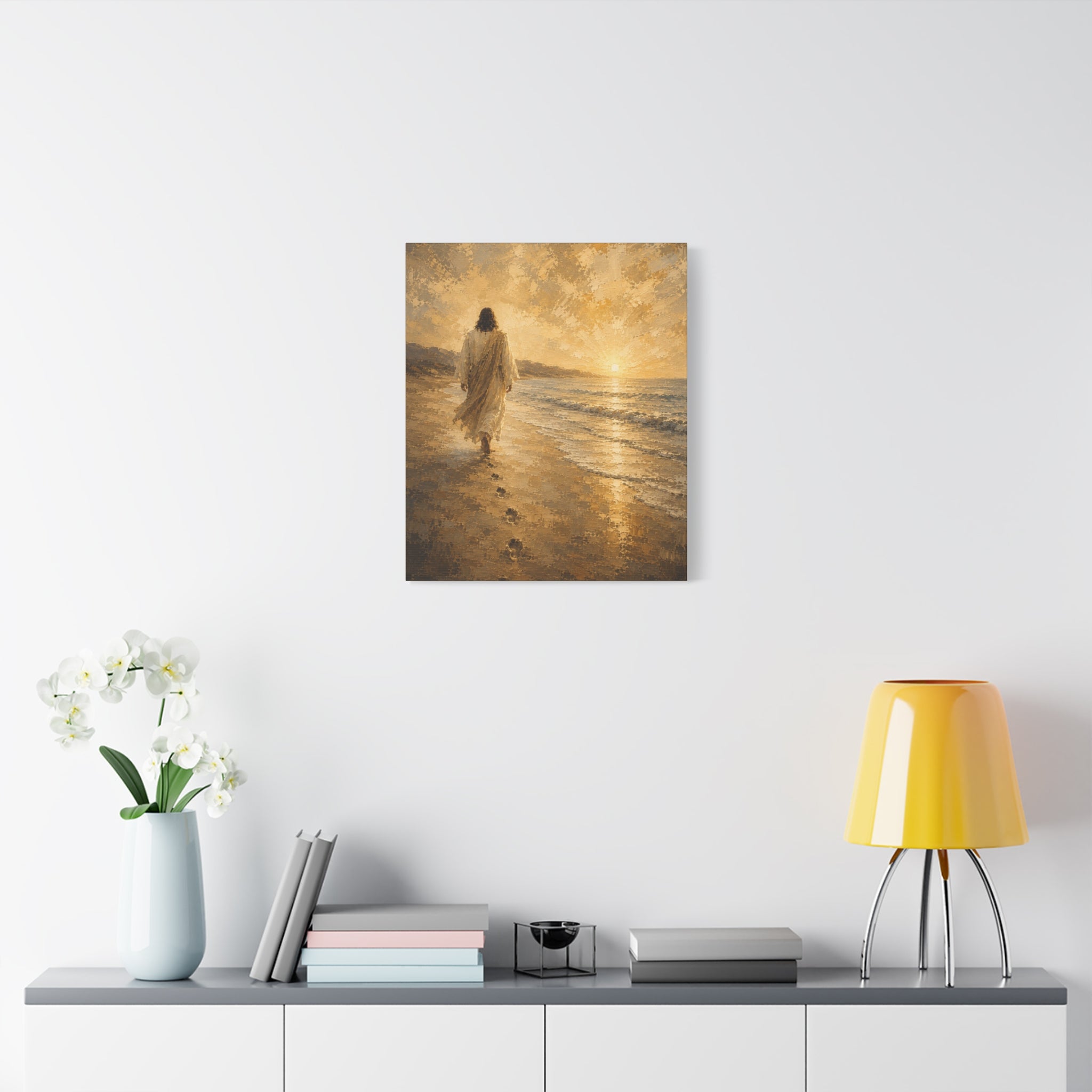 Jesus Walking by the Water Christian Canvas Wall Art. Footprints Faith Decor