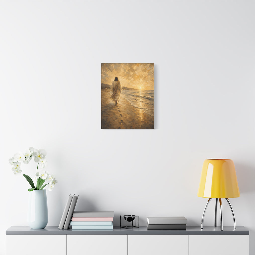 Jesus Walking by the Water Christian Canvas Wall Art. Footprints Faith Decor