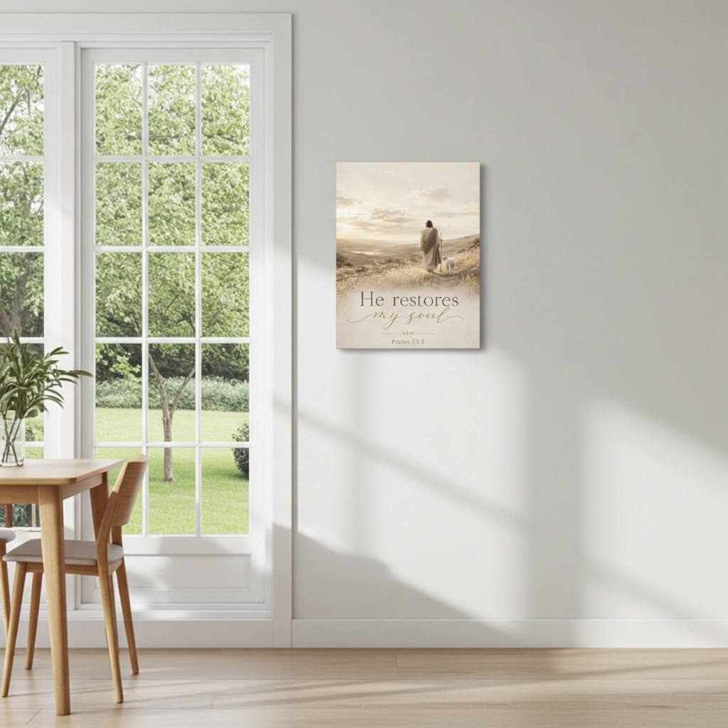 Canvas Wall Art — “He Restores My Soul” Psalm 23:3 Matte Stretched Canvas